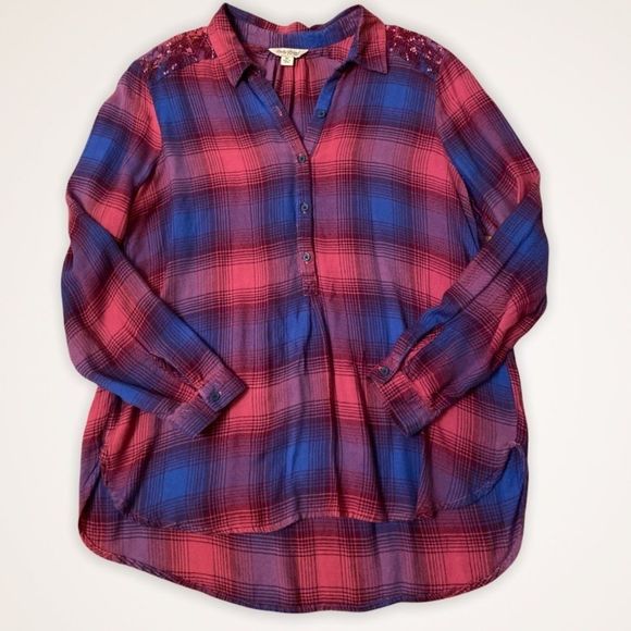 LUCKY BRAND Boho Embroidered Plaid Tunic Shirt - Picture 2 of 9